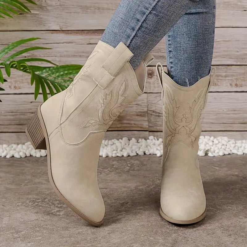 Matilda's Western Embroidered Suede-Look Mid-Calf Boots