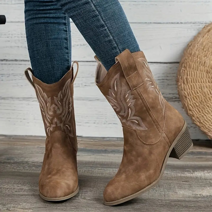Matilda's Western Embroidered Suede-Look Mid-Calf Boots