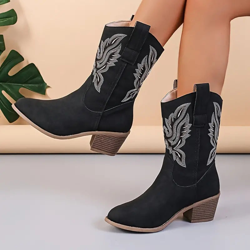 Matilda's Western Embroidered Suede-Look Mid-Calf Boots